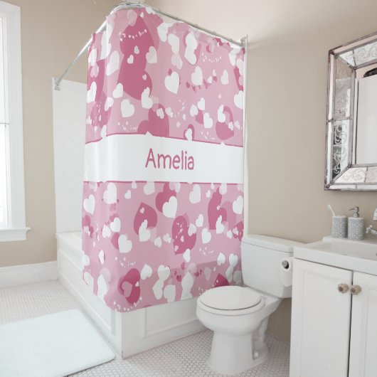 Pretty Pink Love Heart Personalized Douchegordijn (In situ)