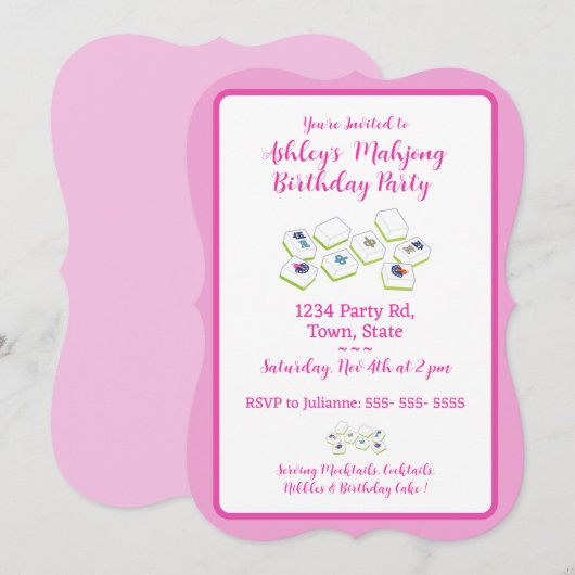 Pretty Pink Mahjong Birthday Invitation Kaart (Voorkant / Achterkant)