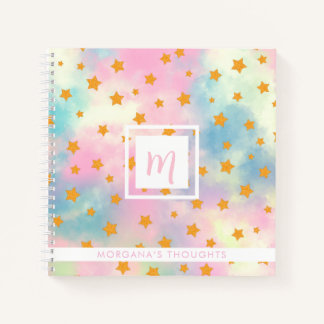 Pretty Pink Pastel with Gold Stars Monogram Square Notitieboek