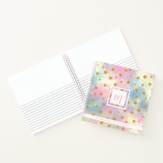 Pretty Pink Pastel with Gold Stars Monogram Square Notitieboek (Binnen)