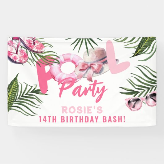 Pretty Pink Pool Party Meisje Verjaardag Spandoek (Horizontaal)