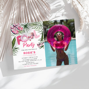 Pretty Pink Poolparty Meisje Foto Verjaardag Kaart