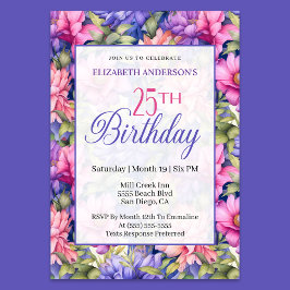 Pretty Pink Purple Garden Flowers 25th Birthday  Kaart