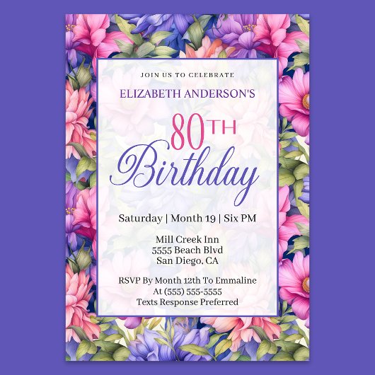 Pretty Pink Purple Garden Flowers 80th Birthday  Kaart