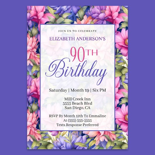 Pretty Pink Purple Garden Flowers 90th Birthday  Kaart