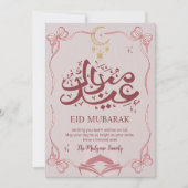 Pretty Pink Ribbon and Crescent Eid Mubarak Card Feestdagenkaart (Voorkant)