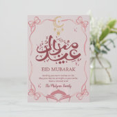 Pretty Pink Ribbon and Crescent Eid Mubarak Card Feestdagenkaart (Staand voorkant)