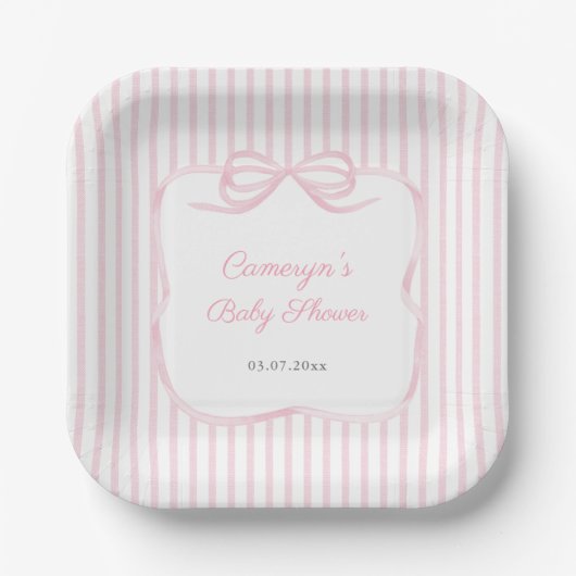 Pretty Pink Ribbon Bow Baby Shower For Girl Party Papieren Bordje (Voorkant)