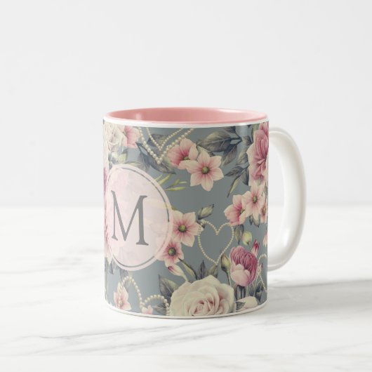 Pretty Pink Roses and Pearl Hearts Monogram Tweekleurige Koffiemok (Voorkant rechts)