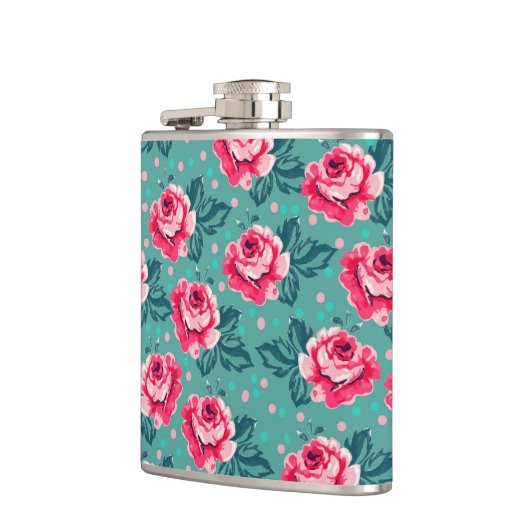 Pretty Pink Roses and Polka Dot Pattern on Teal Heupfles (Links)