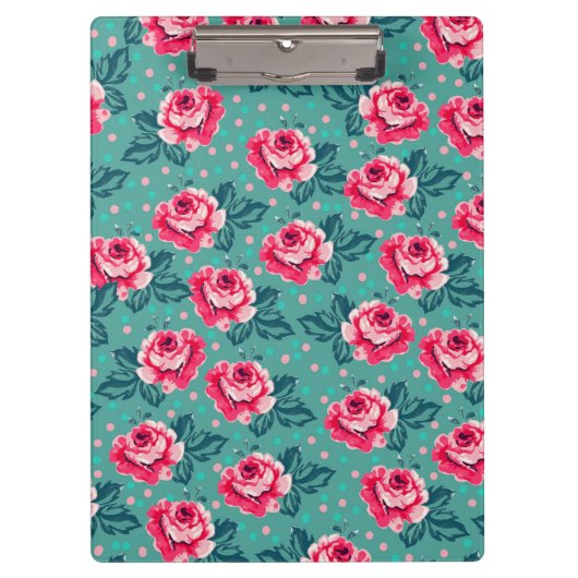 Pretty Pink Roses and Polka Dot Pattern on Teal Klembord (Voorkant)
