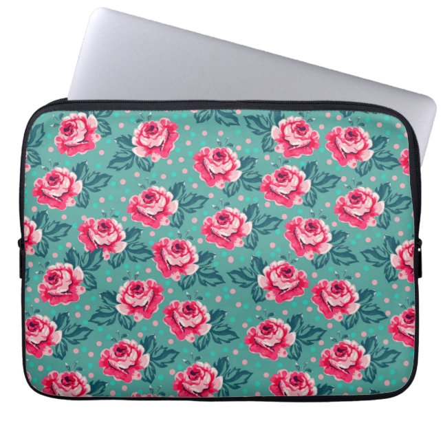 Pretty Pink Roses and Polka Dot Pattern on Teal Laptop Sleeve (Voorkant)