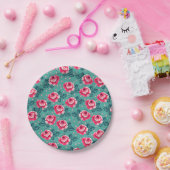 Pretty Pink Roses and Polka Dot Pattern on Teal Papieren Bordje (Feest)