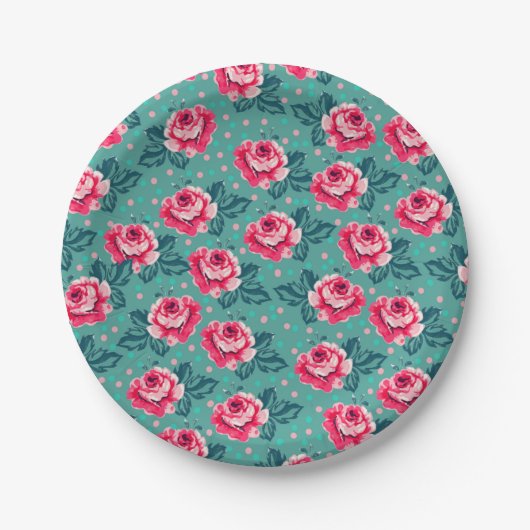Pretty Pink Roses and Polka Dot Pattern on Teal Papieren Bordje (Voorkant)