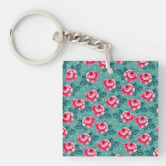 Pretty Pink Roses and Polka Dot Pattern on Teal Sleutelhanger (Voorkant)