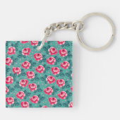 Pretty Pink Roses and Polka Dot Pattern on Teal Sleutelhanger (Achterkant)