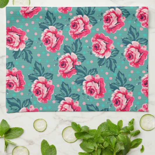 Pretty Pink Roses and Polka Dot Pattern on Teal Theedoek (Gevouwen)