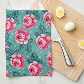 Pretty Pink Roses and Polka Dot Pattern on Teal Theedoek (Quarter Fold)