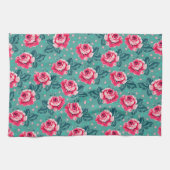 Pretty Pink Roses and Polka Dot Pattern on Teal Theedoek (Horizontaal)