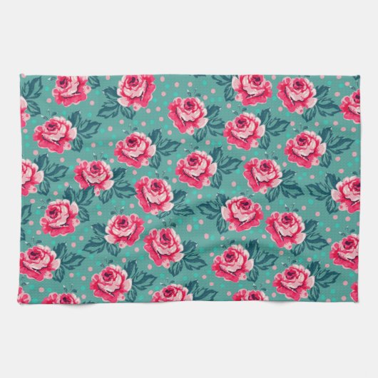 Pretty Pink Roses and Polka Dot Pattern on Teal Theedoek (Horizontaal)