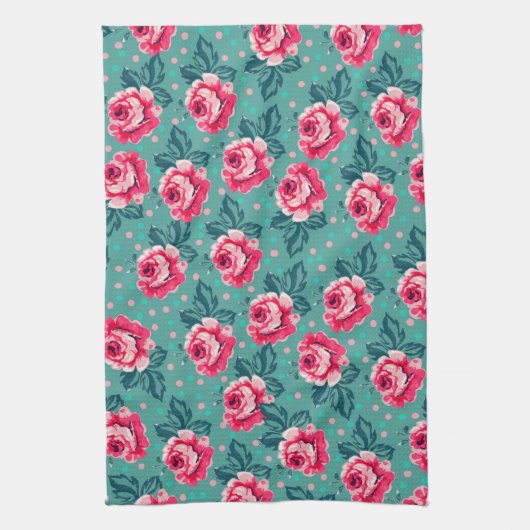 Pretty Pink Roses and Polka Dot Pattern on Teal Theedoek (Verticaal)