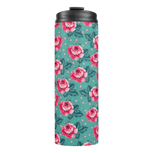 Pretty Pink Roses and Polka Dot Pattern on Teal Thermosbeker (Voorkant)