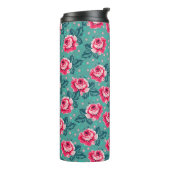 Pretty Pink Roses and Polka Dot Pattern on Teal Thermosbeker (Gedraaid links)