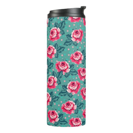 Pretty Pink Roses and Polka Dot Pattern on Teal Thermosbeker (Gedraaid links)