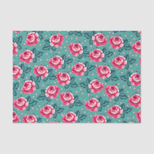 Pretty Pink Roses and Polka Dot Pattern on Teal Tissuepapier (Voorkant)