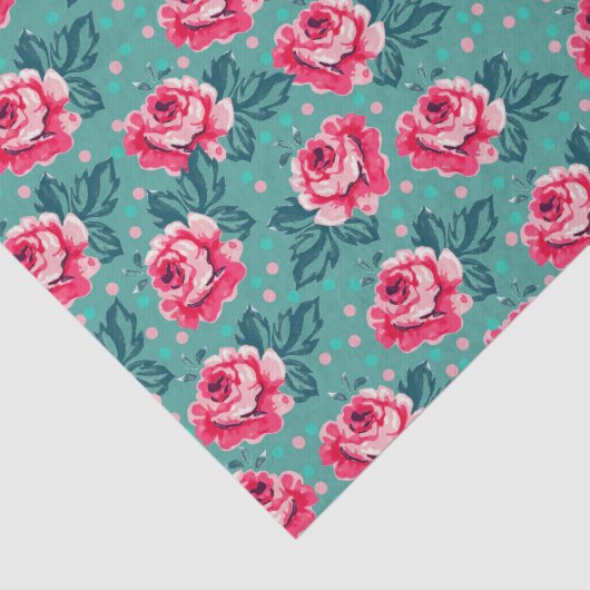 Pretty Pink Roses and Polka Dot Pattern on Teal Tissuepapier (Detail)