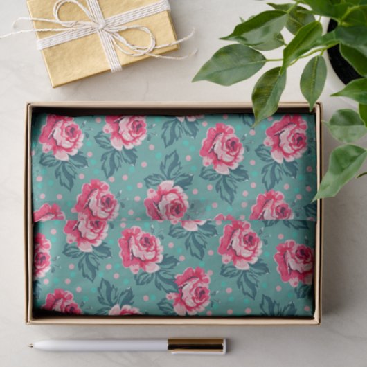 Pretty Pink Roses and Polka Dot Pattern on Teal Tissuepapier (Geschenk)