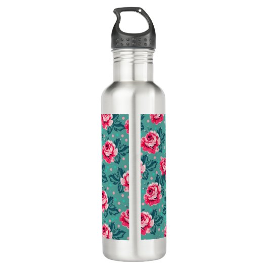 Pretty Pink Roses and Polka Dot Pattern on Teal Waterfles (Achterkant)