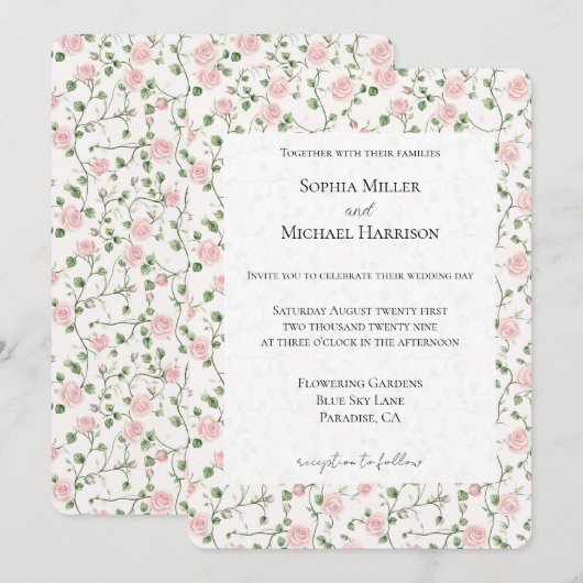 Pretty Pink Roses Floral Wedding Kaart (Voorkant / Achterkant)