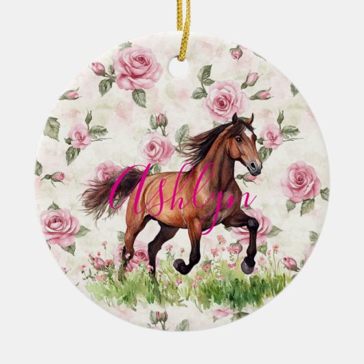 Pretty Pink Roses Horse Christmas Keramisch Ornament (Voorkant)