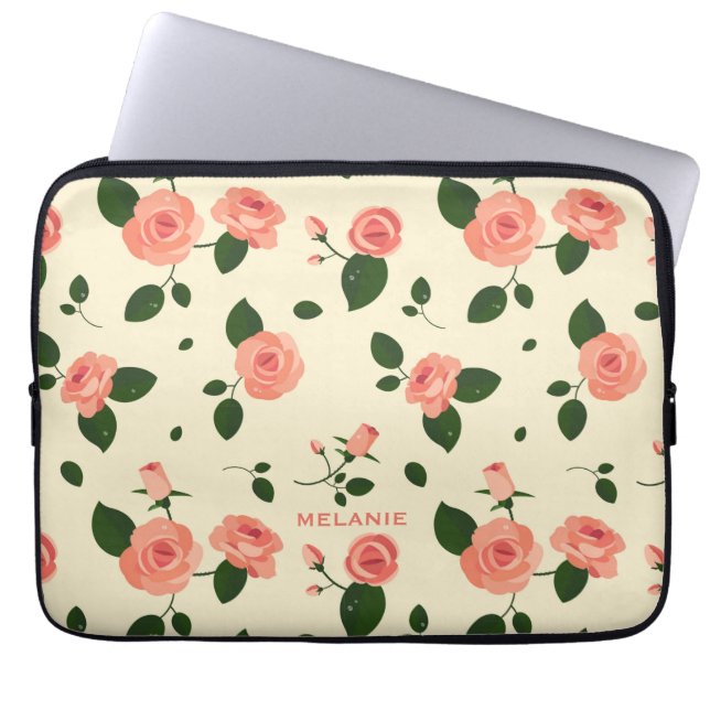 Pretty Pink Roses Pastel Pink Pattern Personalised Laptop Sleeve (Voorkant)