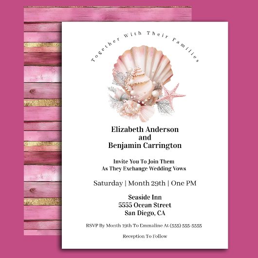 Pretty Pink Seashell and Pearls Wedding Kaart