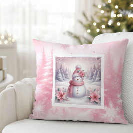 Pretty Pink Snow Scene Pillow Sweet Snowman Kussen
