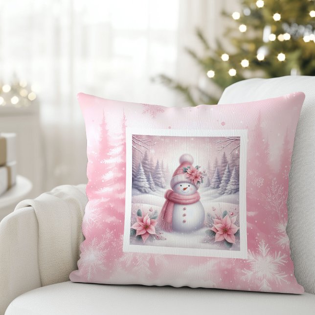 Pretty Pink Snow Scene Pillow Sweet Snowman Kussen (Pretty Pink Snow Scene Pillow Sweet Snowman)
