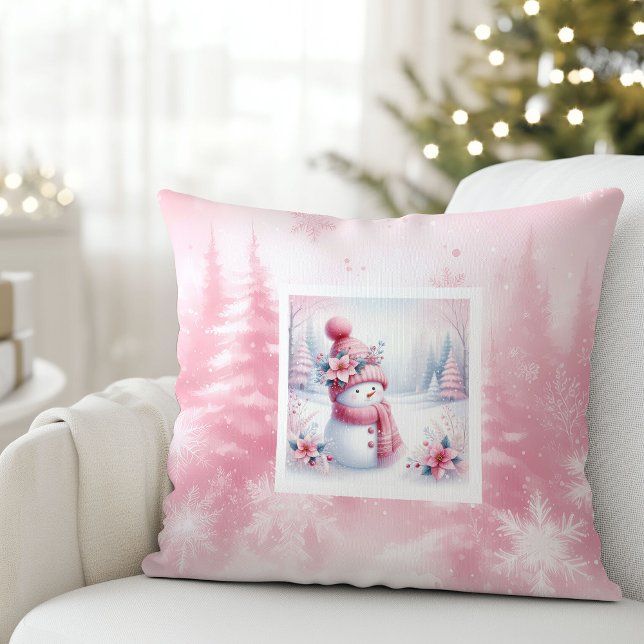 Pretty Pink Snowman Winter Scene Kids Room Pillow Kussen (Pretty Pink Snowman Winter Scene Kids Room Pillow)