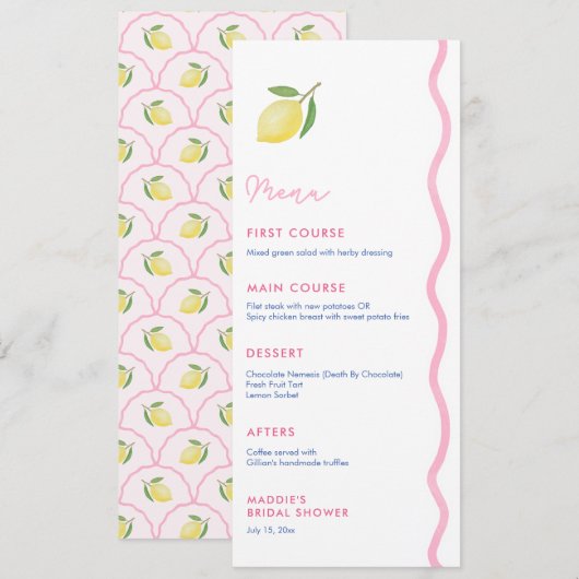 Pretty Pink Squiggle Lemon Bruiloft Luncheon Menu (Voorkant / Achterkant)