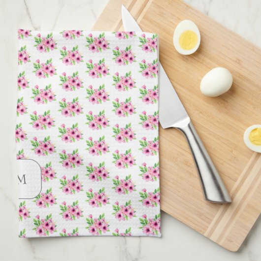 Pretty pink watercolor flowers monogrammed theedoek (Quarter Fold)