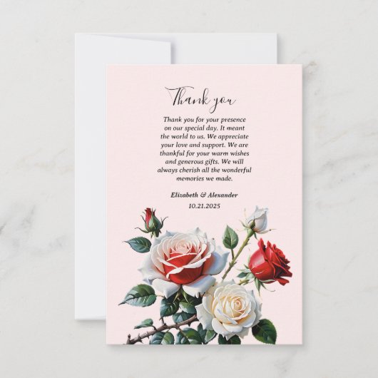 Pretty pink white red roses floral wedding  bedankkaart (Voorkant)