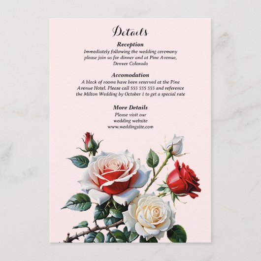 Pretty pink white red roses floral wedding informatiekaartje (Voorkant)