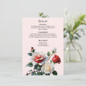 Pretty pink white red roses floral wedding informatiekaartje (Staand voorkant)