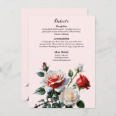 Pretty pink white red roses floral wedding informatiekaartje (Voorkant / Achterkant)