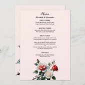 Pretty pink white red roses floral wedding  menu (Voorkant / Achterkant)