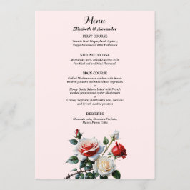 Pretty pink white red roses floral wedding menu