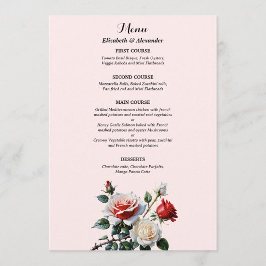 Pretty pink white red roses floral wedding  menu (Voorkant)