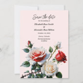 Pretty pink white red roses floral wedding save the date (Voorkant)