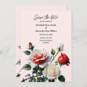Pretty pink white red roses floral wedding save the date (Voorkant / Achterkant)